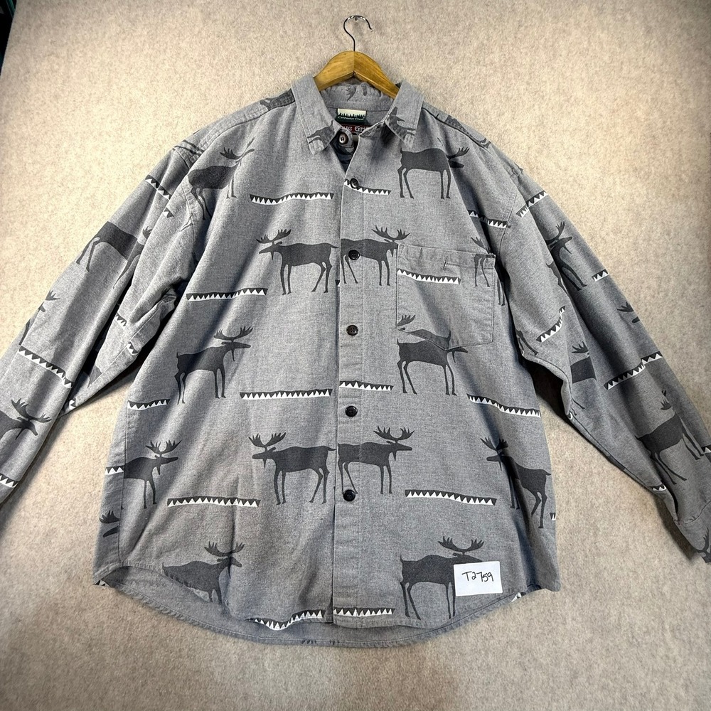 True Grit Coldwater Creek Mens Large Grey Moose Print Flannel Button Down Shirt